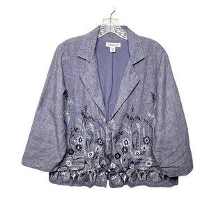 Coldwater Creek Womens Blue Linen Embroidered Jacket M Floral Design Long Sleeve